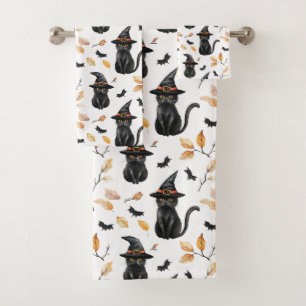 Black Cat Pattern - Witchy Cat Bath Towel Set