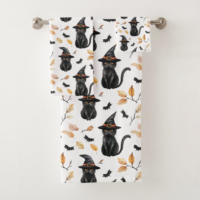 Black Cat Pattern - Witchy Cat  Bath Towel Set (Insitu)