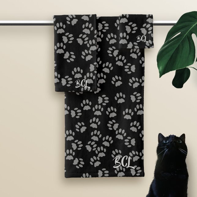 Black Cat Paw Print Monogrammed Bath Towel Set (Creator Uploaded)