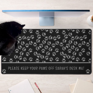 Black Cat Paw Print Pattern Personalised Desk Mat