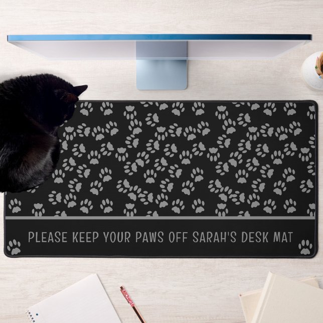 Black Cat Paw Print Pattern Personalised Desk Mat (Ask your cat nicely not to sit on your desk. They'll ignore you but your desk will be fur free!)