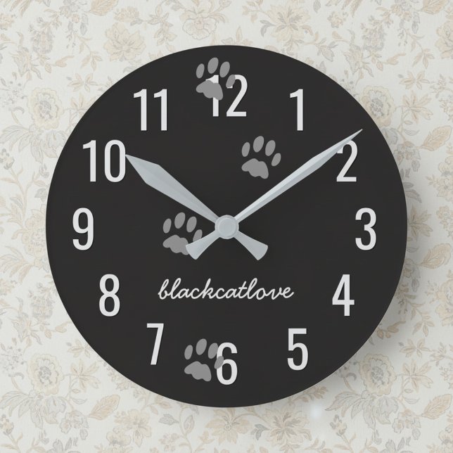 Black Cat Paw Prints Personalised Wall Clock (An easy to read clock with space for your cat's name or your own.)