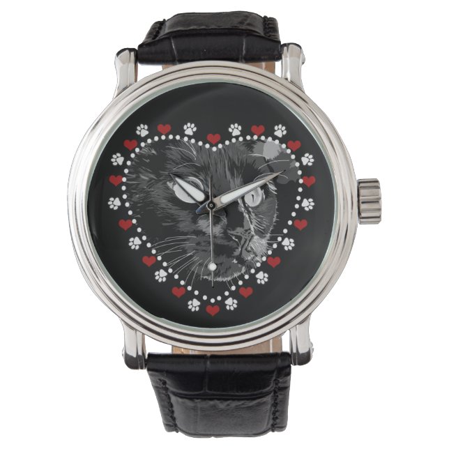 Black Cat Paws and Hearts Watch (Front)