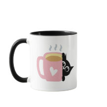 Black Cat Peeking Pink Heart Coffee Lover Mug