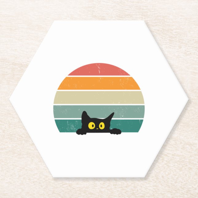 Black Cat Peeking Sunset Vintage    4 Paper Coaster (Front)