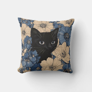 Black Cat Peeking Through Blue & Cream Flowers Cushion