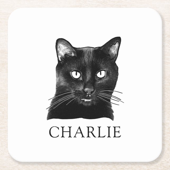 Black Cat Personalised Square Paper Coaster (Front)