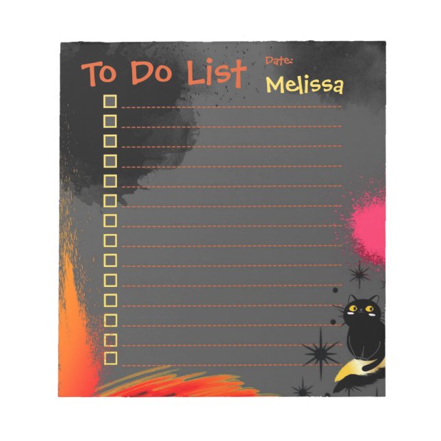 Black Cat Personalised To Do List Girly Notepad (Front)
