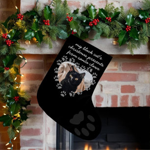 Black Cat Pet Photo Paw Print Christmas Stocking