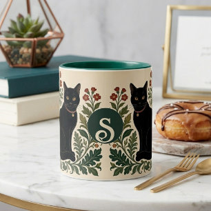Black Cat Photo Monogram William Morris Botanical Two-Tone Coffee Mug