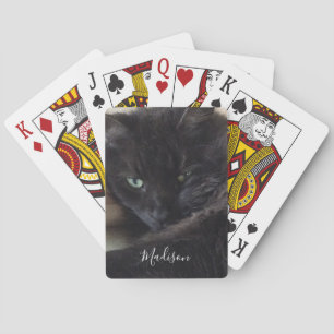 Black Cat Photo Personalised Name Playing Cards