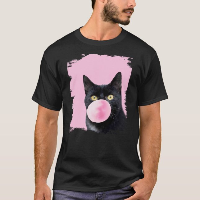 Black Cat Pink Bubble Gum T-Shirt (Front)