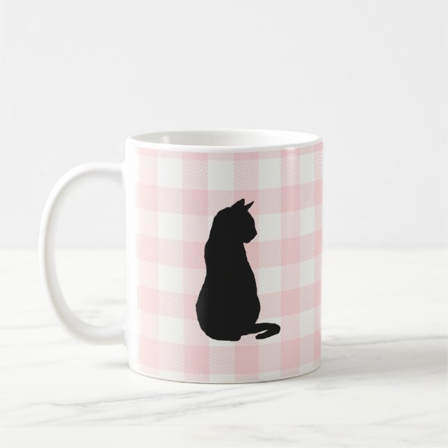 Black Cat Pink Check Pattern Coffee Mug (Left)
