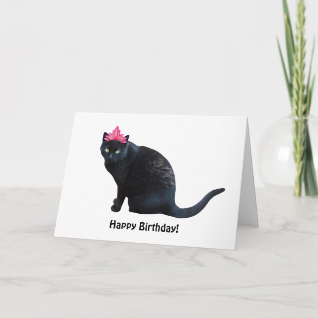 Black Cat Pink Crown Birthday Card (Front)
