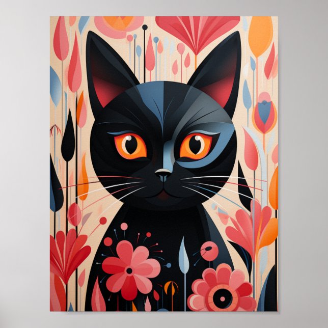 Black Cat Pink Flowers Poster (Front)