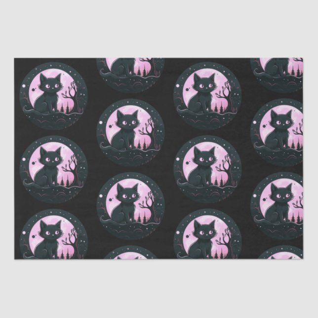 Black Cat Pink Full Moon Celestial Black Halloween Tissue Paper (Front)