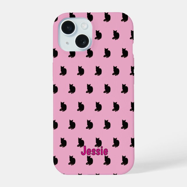 Black Cat (Pink) iPhone 15 Case (Back)