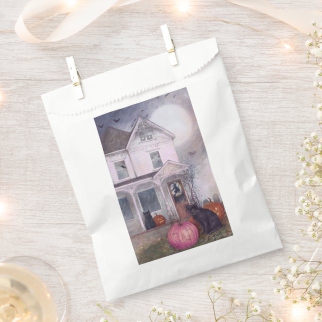 Black Cat Pink Pumpkin & Haunted House Halloween  Favour Bags (Clipped)