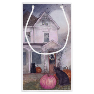 Black Cat Pink Pumpkin & Haunted House Halloween Small Gift Bag