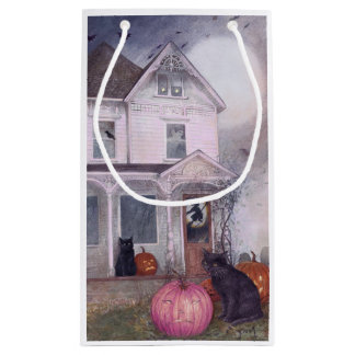 Black Cat Pink Pumpkin & Haunted House Halloween  Small Gift Bag