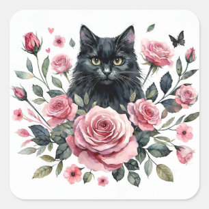 Black Cat Pink Roses Watercolor Square Sticker