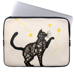Black Cat Playful Stars Illustration Laptop Sleeve