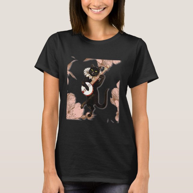 Black Cat Playing Banjo Dancing Cat Pet T-Shirt (Front)