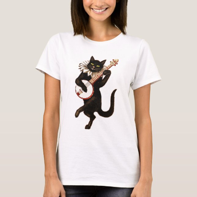 Black Cat Playing Banjo T-Shirt (Front)