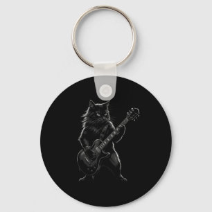 Black Cat Playing Electric Guitar Gothic Rocker  Key Ring