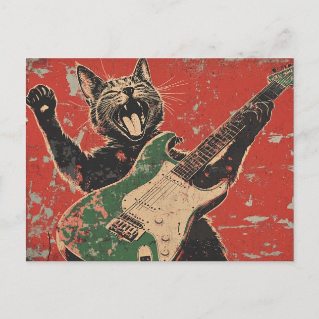 BLACK CAT PLAYING GUITAR POSTCARD (Front)