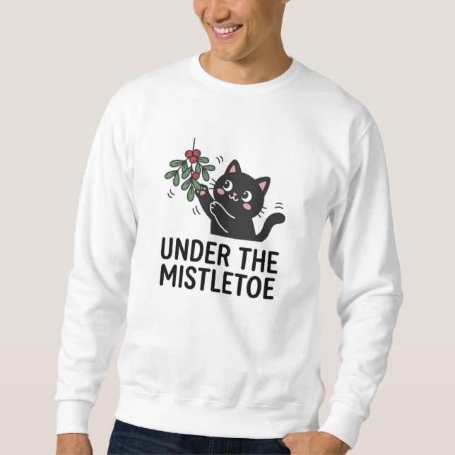 Black Cat Playing Mistletoe Festive Cartoon Sweatshirt (Front)