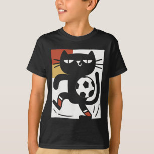 Black Cat Playing Soccer Funny Football Cartoon T-Shirt