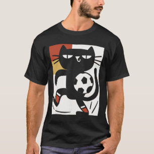 Black Cat Playing Soccer Funny Footll Cartoon T-Shirt