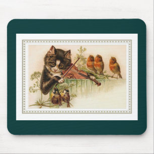 Black Cat Playing the Violin for Songbirds Mouse Mat