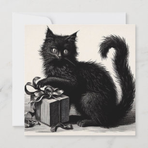 Black Cat Playing with Gift and Ribbon Vintage Card