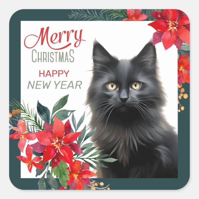 Black Cat Poinsettia Border Christmas Square Sticker (Front)