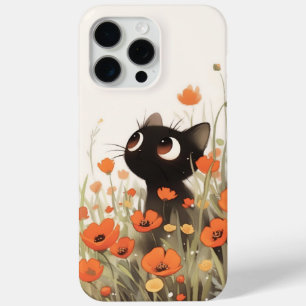 Black Cat Poppy Meadow iPhone 15 Pro Max Case