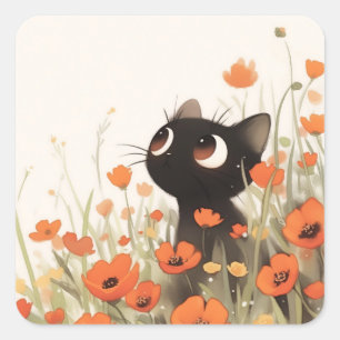 Black Cat Poppy Meadow Square Sticker