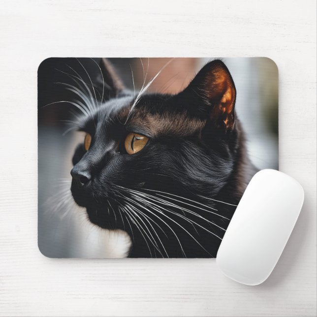 Black Cat Portrait Mouse Mat (With Mouse)