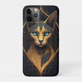 Black Cat Portrait With Gold Geometric Details iPhone 11 Pro Case