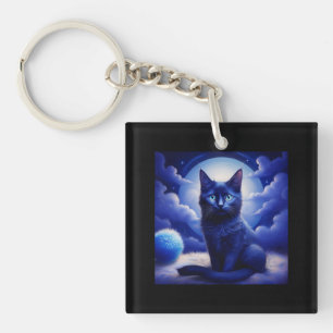 Black Cat Posing In Front Of Moon And White Clouds Key Ring