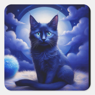 Black Cat Posing In Front Of Moon And White Clouds Square Sticker