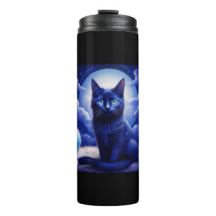 Black Cat Posing In Front Of Moon And White Clouds Thermal Tumbler