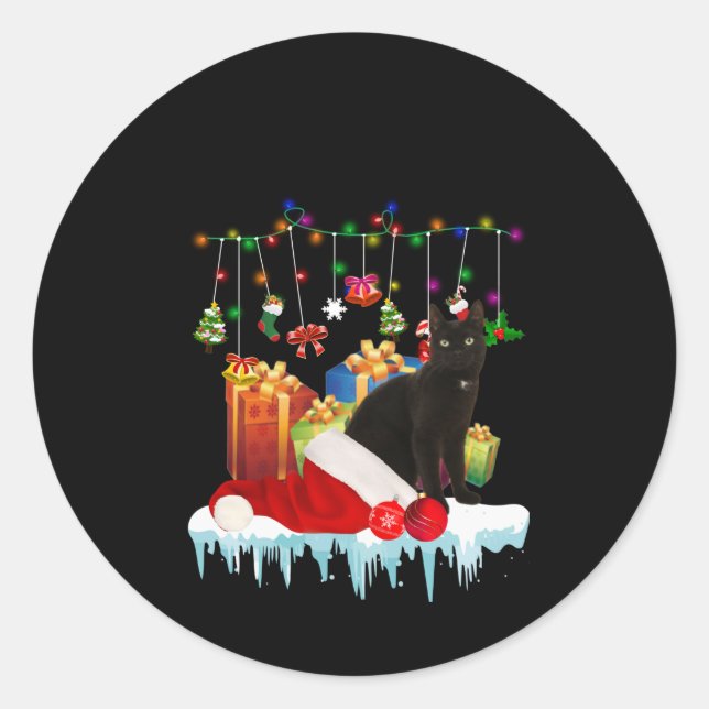 Black Cat Present Of My Christmas Classic Round Sticker (Front)