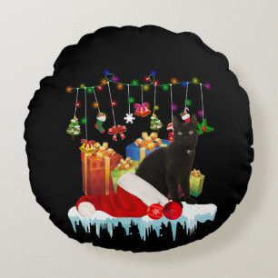 Black Cat Present Of My Christmas Round Cushion
