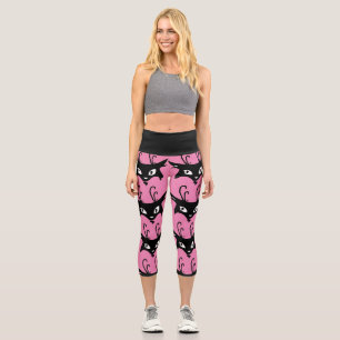 BLACK CAT  PRINT PINK CAPRI YOGA PANTS LEGGINGS