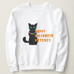 Black Cat Print Womens Sweatshirt, Halloween Party Sweatshirt