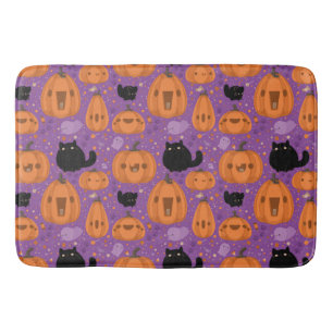 Black cat Pumpkin and Ghost Pattern Bath Mat