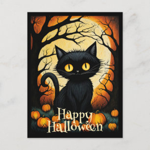 Black Cat Pumpkin Forest Happy Halloween Postcard
