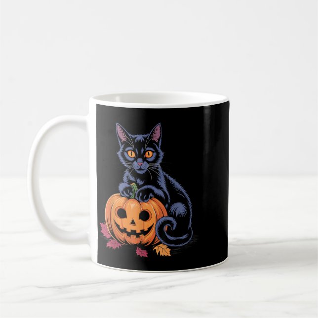 Black Cat Pumpkin Halloween Costume Retro Fall Coffee Mug (Left)